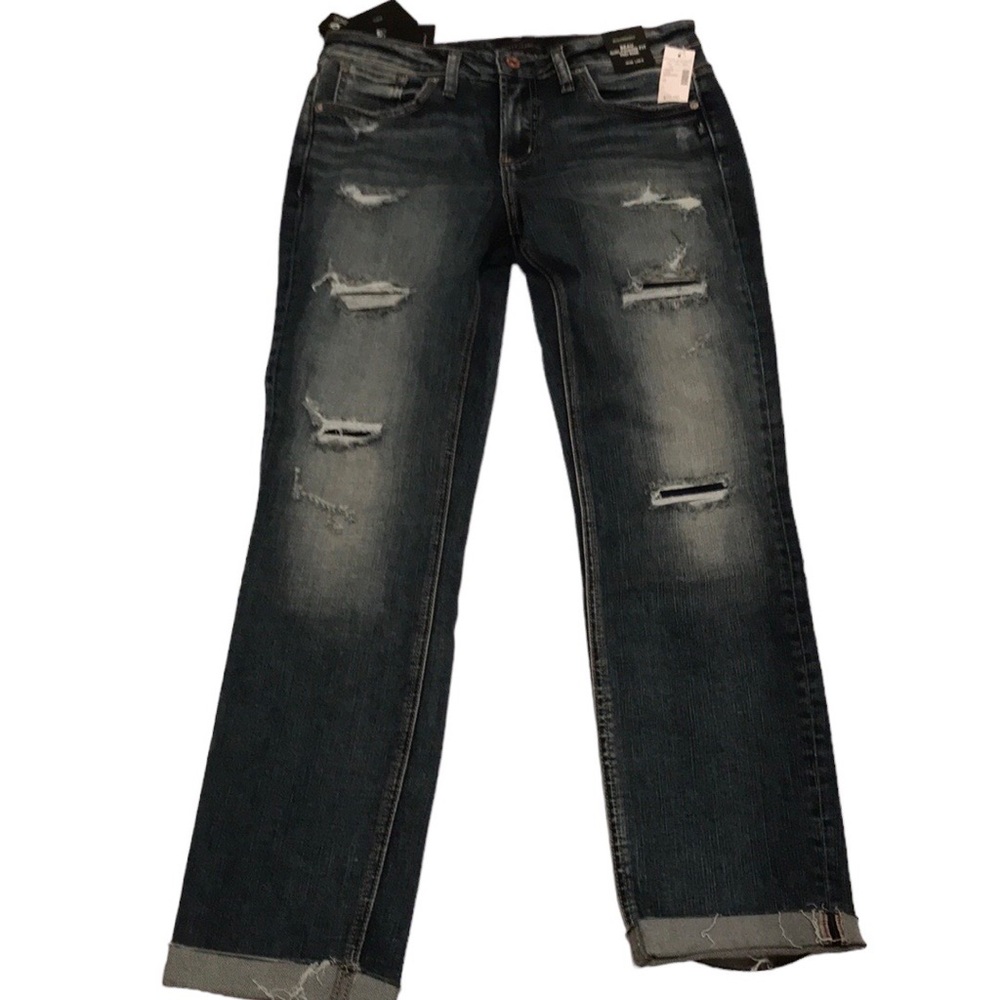 NWT SILVER JEANS BEAU GIRLFRIEND FIT MID RIDE CROP ANKLE HOLES 28 rips